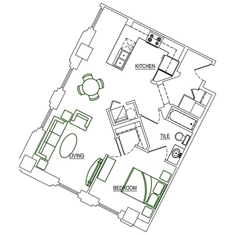 Floor plan for 1 bed, 1 bath, 736 sqft